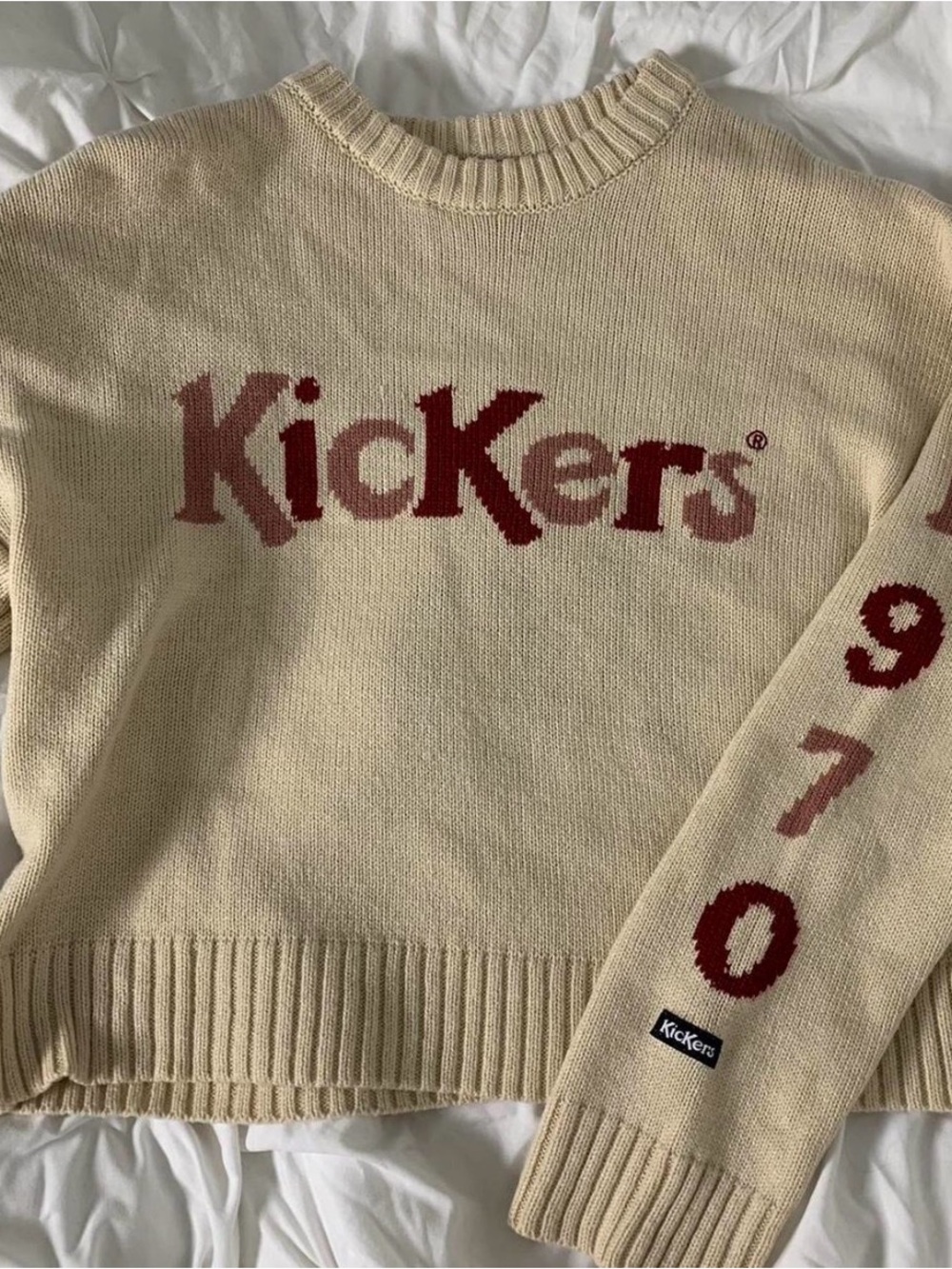 Kickers Cream Cropped Crewneck Sweater with Red Logo and Sleeve Numbers